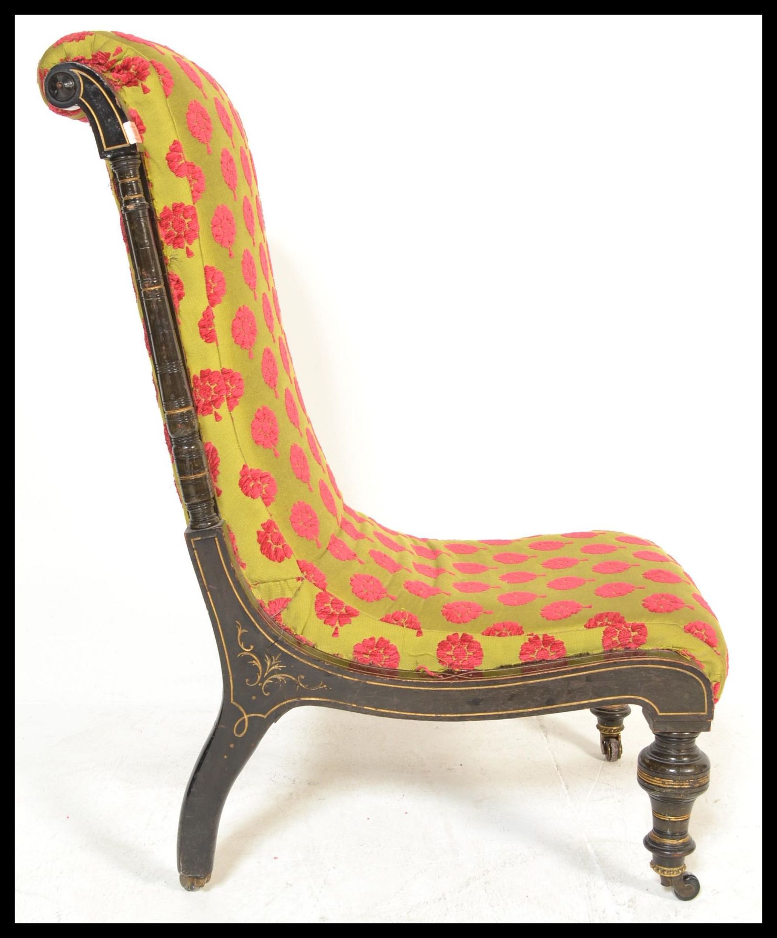 A 19th Century Victorian aesthetic movement nursing chair the wooden frame having decorative inlay - Bild 5 aus 6