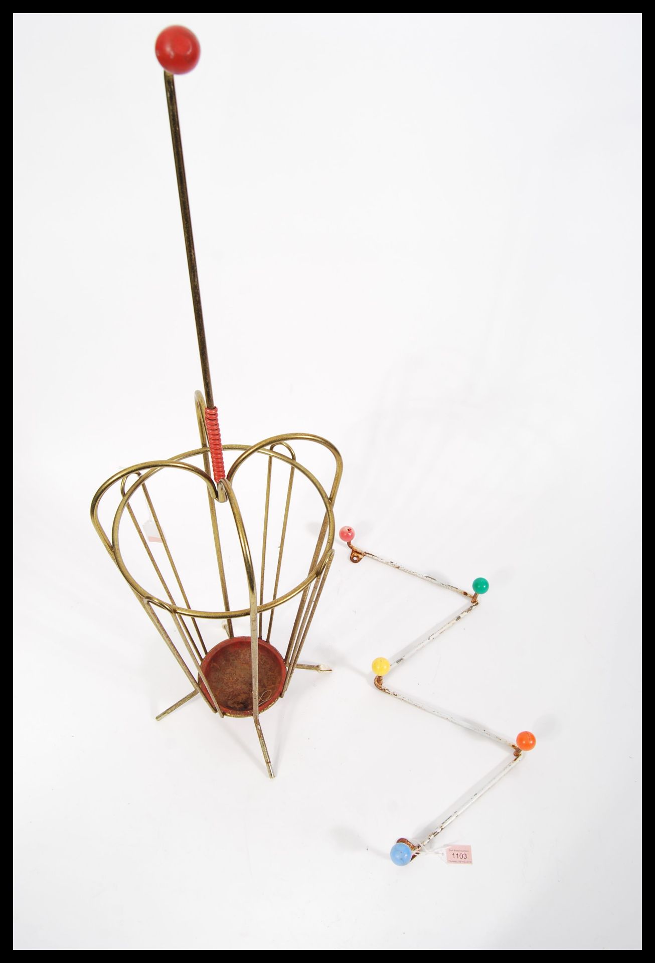 Two vintage retro 20th Century sputnik atomic style items to include a W coat hook with colored ball