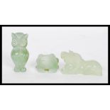 Three 20th Century carved jadeite figures to include an owl, horse and frog. Tallest measures approx