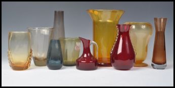 A good collection of vintage retro 20th Century studio art glass to include Whitefriars ruby red