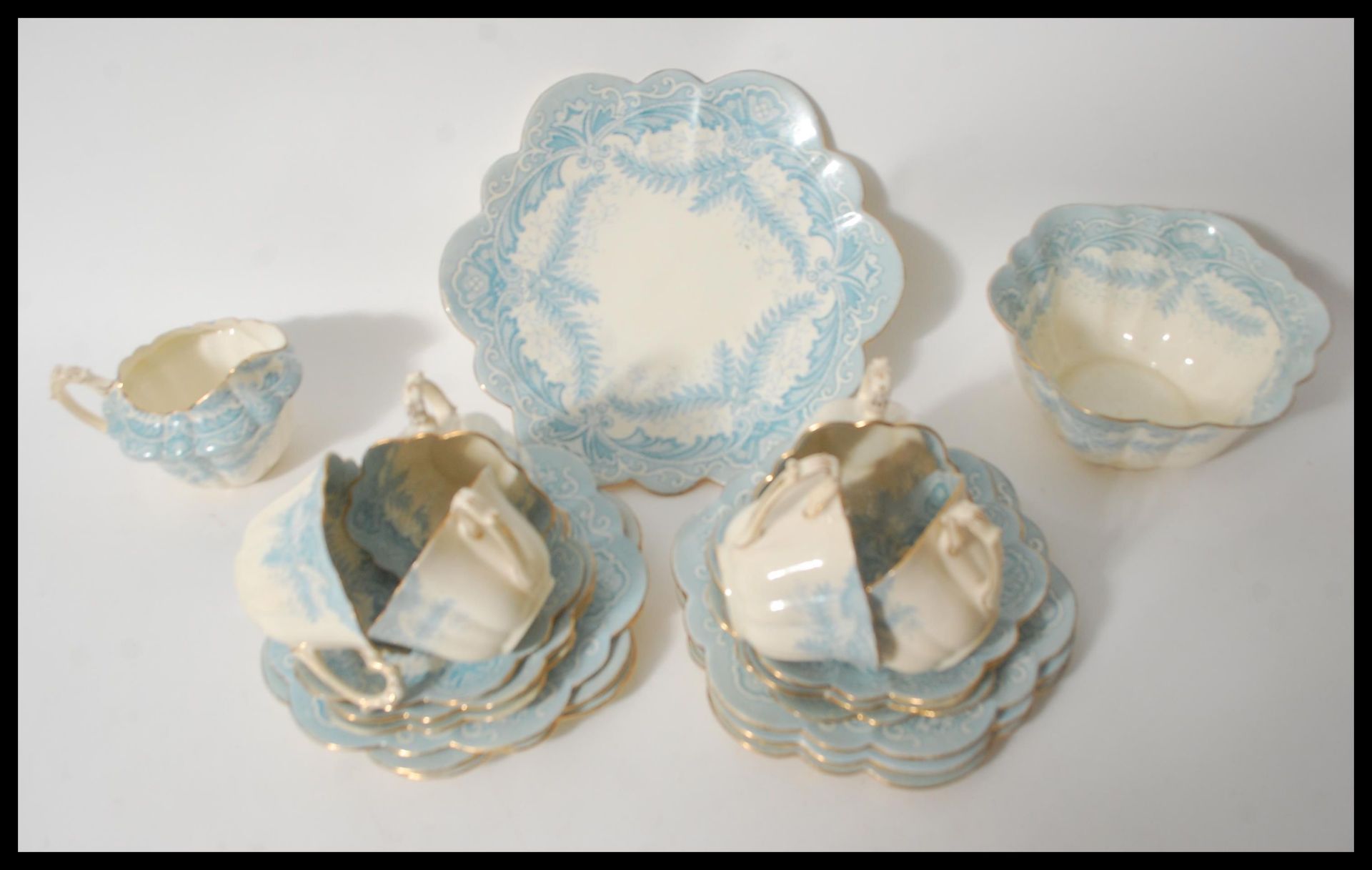 A 19th century Victorian Foley tea service transfer printed in the fern pattern in blue having