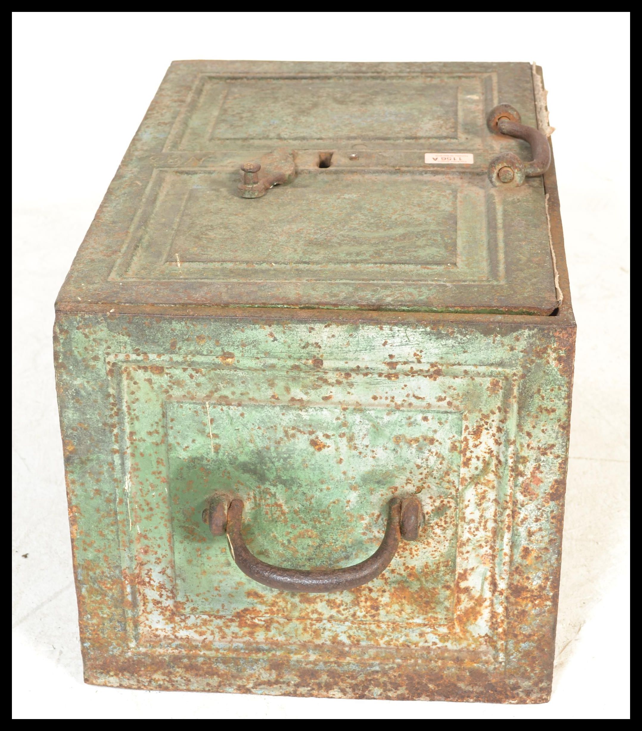 A late 19th Century Victorian strong box, carry handles to the side, hinged door and key whole to - Image 2 of 4