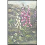 A large vintage retro 20th Century oil on canvas still life painting of foxglove flowers set to a