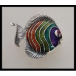 A stamped 925 silver brooch in the form of an angel fish having coloured guilloche panels and