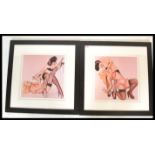 A pair of contemporary prints both depicting two burlesque / cabaret dancers fighting being framed