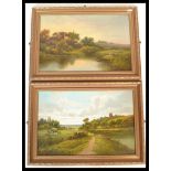A pair of early 20th Century English School oil on canvas paintings of country scenes. Each set