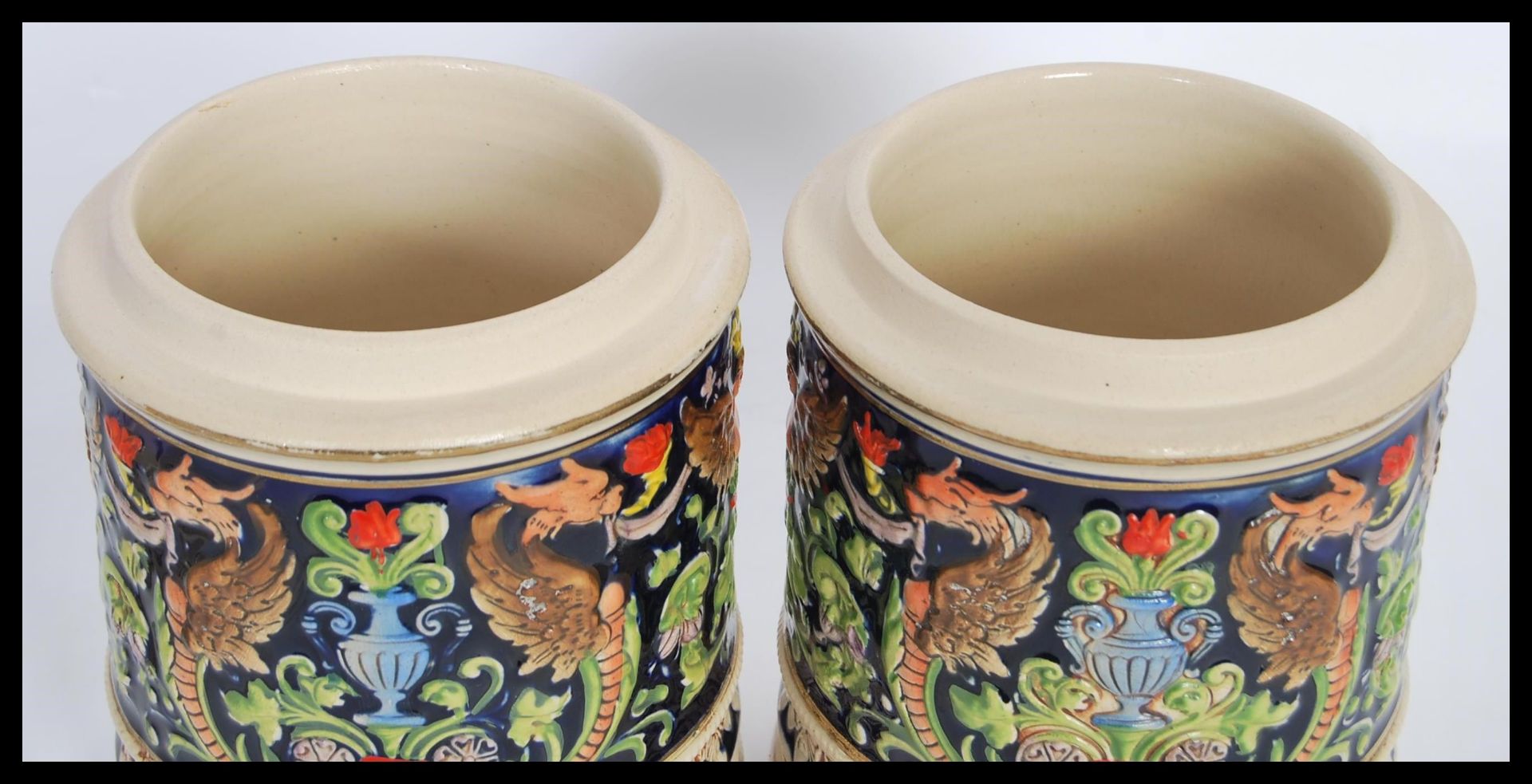 A pair of 20th Century German ceramic biscuit barrels / tobacco jar pots having hand painted - Image 5 of 6