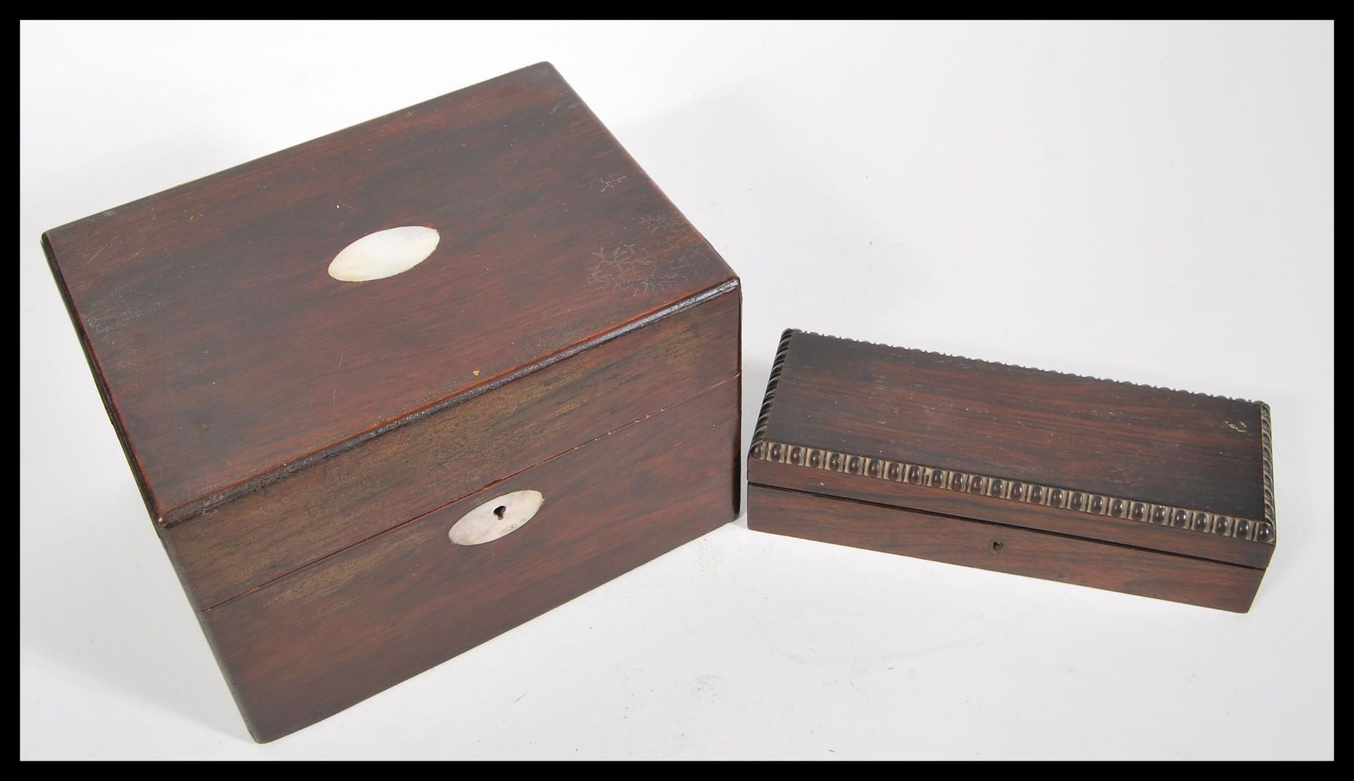 Two 19th Century rosewood boxes to include a jewellery box with mother of pearl panel and a - Bild 2 aus 4