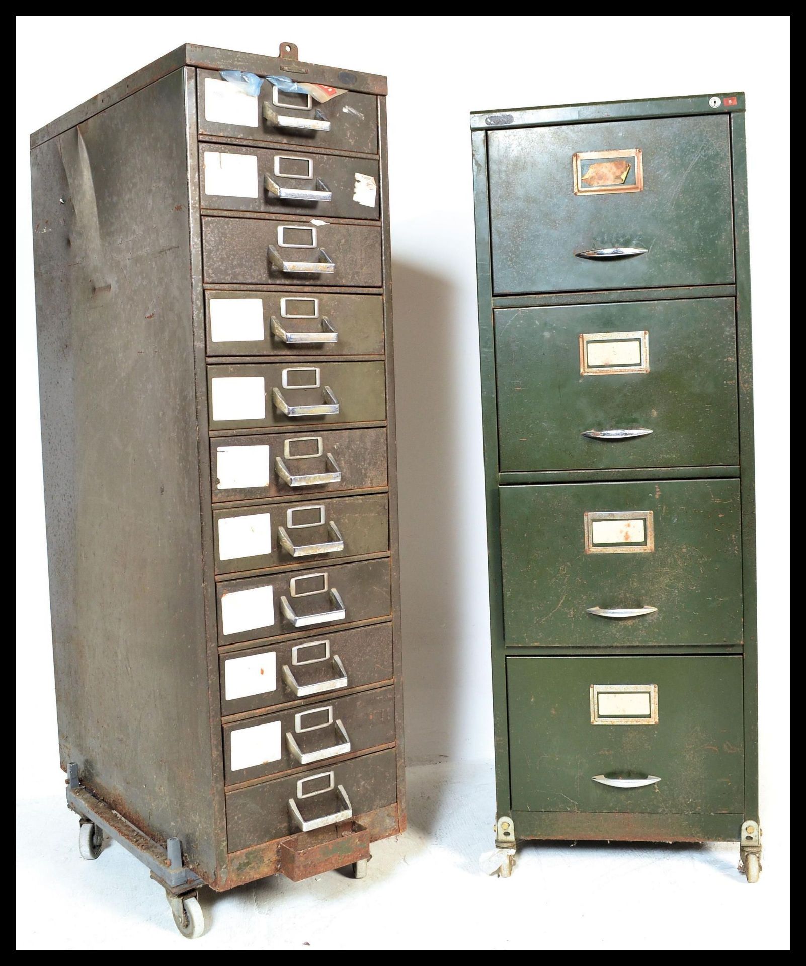 Two vintage 20th Century industrial metal filing cabinets,to include an eleven drawer cabinet by