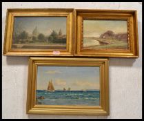 A group of three 20th Century oil on board paintings of different vistas to include a seascape