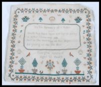 A 19th Century Victorian polychrome woolwork mourning sampler by Georgina Archard aged 12 years,  in