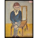 A 20th century oil on board naive portrait study painting depicting a young boy sitting on a chair