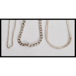 Three stamped 925 silver necklaces to include a flat linked snake chain, a flat linked necklace with