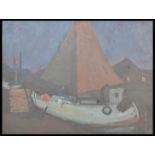 A mid 20th Century 1950's oil on board painting depicting a moored boat with red sails, painted in a