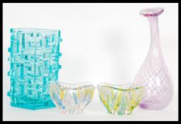 A group of 20th Century studio art glass to include a Czech glass vase of square form having