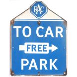 RARE VINTAGE RAC ' TO CAR PARK ' ENAMEL ADVERTISING SIGN