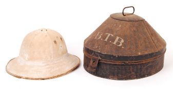 WWI FIRST WORLD WAR ELLWOOD PITH HELMET & HAT TIN BOX