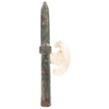ANCIENT CHINESE SHANG DYNASTY STYLE BRONZE AND JADE SPEAR HEAD