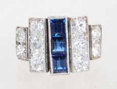 AN 18CT WHITE GOLD ART DECO SAPPHIRE AND DIAMOND RING