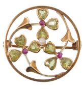 15CT GOLD PERIDOT PEARL AND RUBY ART NOUVEAU BROOCH