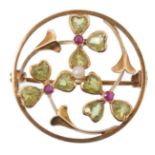 15CT GOLD PERIDOT PEARL AND RUBY ART NOUVEAU BROOCH