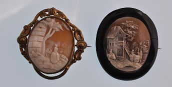 2 Victorian oval shell cameos. One in a gilt metal frame depicting '  Rebbeckah at the Well ' The