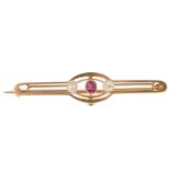 A 15CT GOLD RUBY AND SEED PEARL LADIES BAR BROOCH