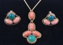 A vintage French 18ct gold Coral and Chrysoprase necklace and earring suite. The suite consisting of