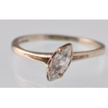 A modern 14ct gold marquise diamond solitaire ring in an off-set claw mount on a d-section shank