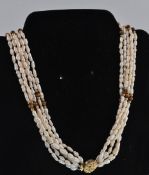 20TH CENTURY BAROQUE PEARL, GOLD AND TIGERS EYE 6 STRAND NECKLACE