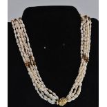 20TH CENTURY BAROQUE PEARL, GOLD AND TIGERS EYE 6 STRAND NECKLACE