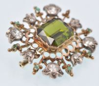 EARLY 20TH CENTURY OLD CUT DIAMOND EMERALD AND TOURMALINE BROOCH