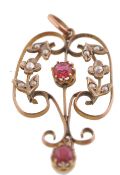 VICTORIAN 9CT GOLD RUBY AND SEED PEARL BELLE EPOQUE PENDANT