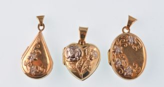 A collection of 3 gold heart lockets. modern 9ct bi-colour gold heart shaped locket being embossed