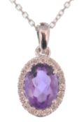 18CT WHITE GOLD AMETHYST AND DIAMOND PENDANT AND NECKLACE