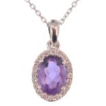 18CT WHITE GOLD AMETHYST AND DIAMOND PENDANT AND NECKLACE