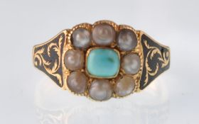 A late George III 18ct gold turquoise pearl and black enamel mourning ring. Inscribed inside ' Revd.