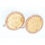 PAIR 9CT GOLD GENTLEMANS CUFFLINKS INSET WITH HALF SOVEREIGNS