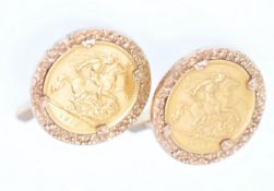 PAIR 9CT GOLD GENTLEMANS CUFFLINKS INSET WITH HALF SOVEREIGNS