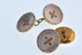 A pair of early 20th century gold mother of pearl and enamel roundel gentleman's cuff links. Each