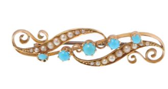 15CT GOLD VICTORIAN SEED PEARL AND TURQUOISE BROOCH.