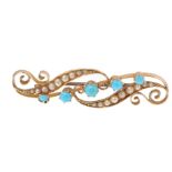 15CT GOLD VICTORIAN SEED PEARL AND TURQUOISE BROOCH.