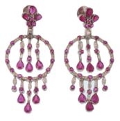 PAIR WHITE GOLD 18CT FRENCH RUBY AND DIAMOND CHANDELIER EARRINGS