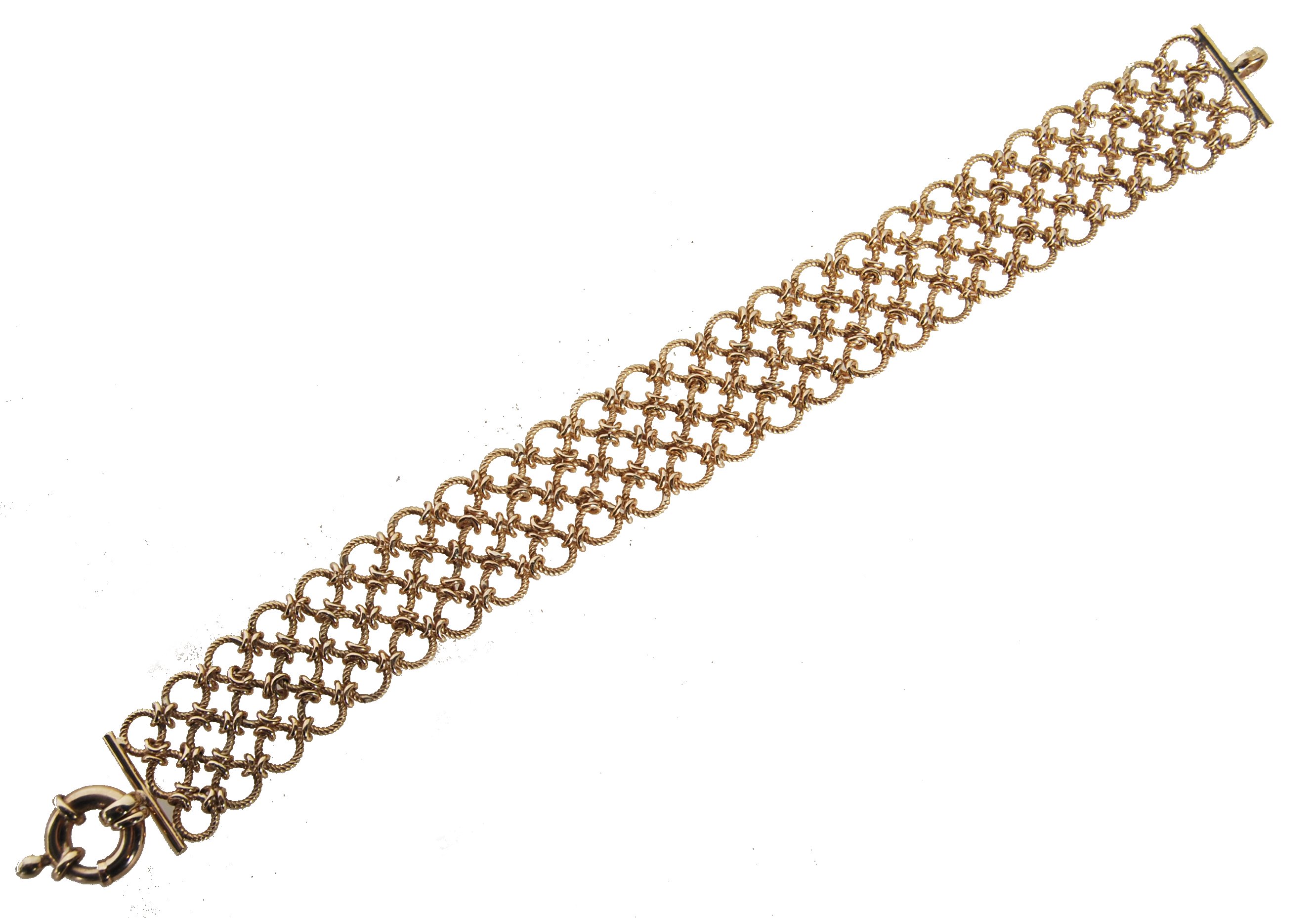 A hallmarked 9ct gold ladies three strand bracelet chain having three rows of rope twist hopps