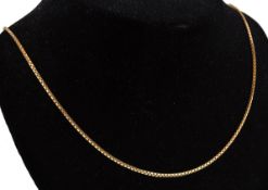 A Egyptian / Middle Eastern high carat gold box link necklace chain having a bolt ring clasp. Makers