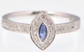 18CT WHITE GOLD SAPPHIRE AND DIAMOND NAVETTE RING