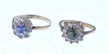 2 9CT GOLD CLUSTER RINGS - MOSS GREEN STONE / BLUE STONE W/ HALO