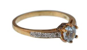 9CT GOLD SINGLE STONE AQUAMARINE & LADIES DIAMOND RING