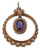 A late 19th century amethyst and pearl pendant. The pendent formed of a circular scalloped pearl set