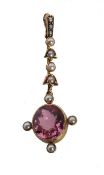 A 19th century 18ct gold pearl and pink tourmaline drop pendant. The pendant having a large collet